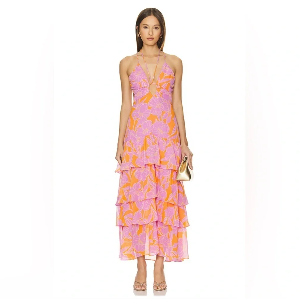 ASTR The Label Women's Large Aneira Dress Orange Purple Floral Maxi Ruffle Strap - Picture 2 of 16